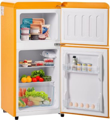 Réfrigérateur combiné 60L, double porte, congélateur 22L, classe E, -27C à 13C, jaune