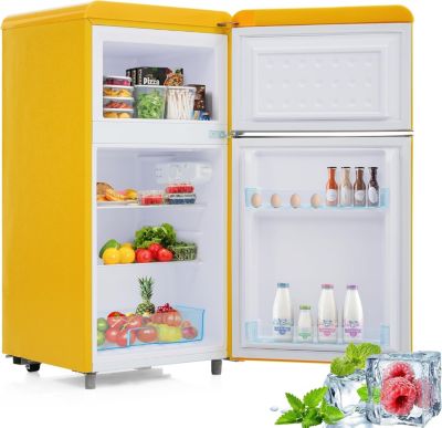 Réfrigérateur rétro 72L, double porte, congélateur 21L, LED, classe E, jaune