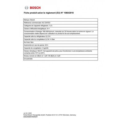 Réfrigérateurs 1 porte 248L Froid Statique BOSCH 55.8cm E, KIL 72 AFE 0