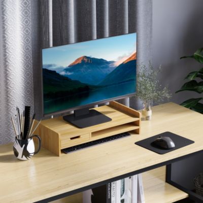 Réhausseur écran - support de moniteur - tiroir, niche - bois de bambou verni