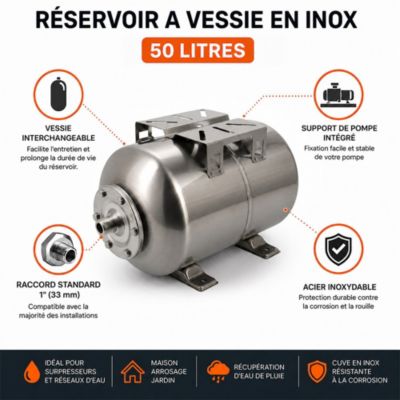 Réservoir pression à vessie horizontal en inox - 50 litres - GT MARKET