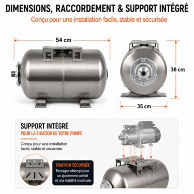 Réservoir pression à vessie horizontal en inox - 50 litres - GT MARKET