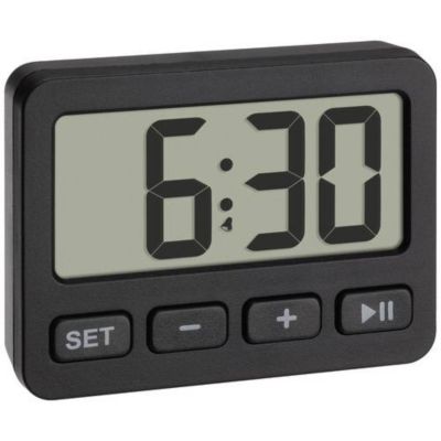 Réveil à quartz compact TFA Dostmann 60.2036.01, noir, minuterie et chronomètre.