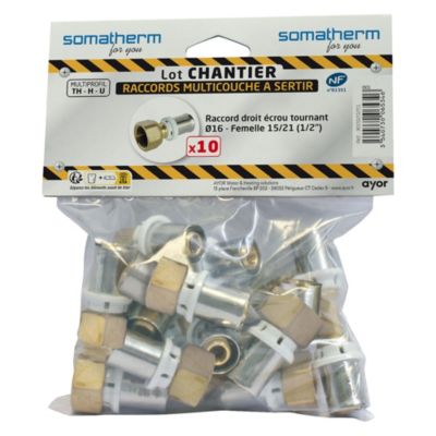Raccord droit à sertir tube multicouche Ø16 mm femelle 1/2 Somatherm for you 10 pièces