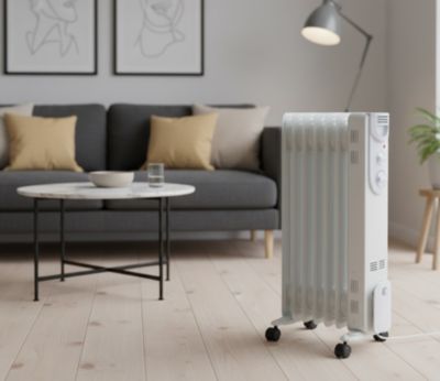 Radiateur à bain d'huile 1500 W, pour 15 m², blanc, l.25 x P.34 x H.63,5 cm