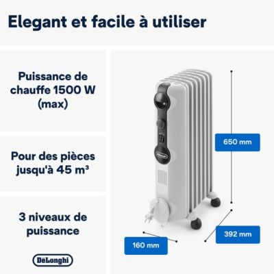 Radiateur à bain d'huile 1500 W, pour 15 m², blanc, l.39,2 x P.16 x H.65 cm, Delonghi Radia S TRRS0715