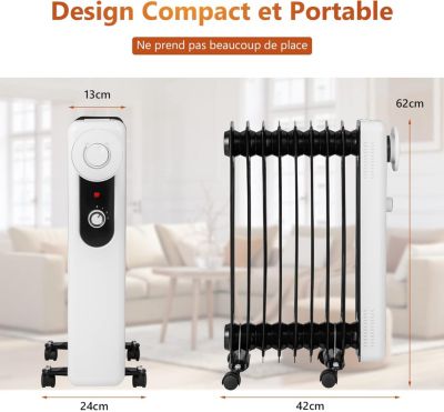 Radiateur à Bain dHuile 2000W avec 9 éléments Radiateur à Huile Silencieux avec Thermostat Réglable Radiateur électrique Portable