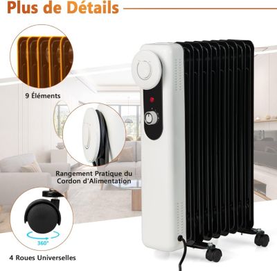 Radiateur à Bain dHuile 2000W avec 9 éléments Radiateur à Huile Silencieux avec Thermostat Réglable Radiateur électrique Portable