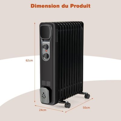 Radiateur à Bain dHuile 2500W Chauffage Efficace Silencieux 11 éléments Thermostat Réglable 3 Niveaux de Chauffage