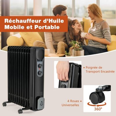 Radiateur à Bain dHuile 2500W Chauffage Efficace Silencieux 11 éléments Thermostat Réglable 3 Niveaux de Chauffage