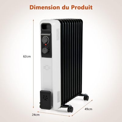 Radiateur à Bain dHuile 2500W Chauffage Efficace Silencieux 11 éléments Thermostat Réglable 3 Niveaux de Chauffage