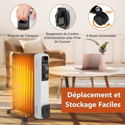 Radiateur à Bain dHuile 2500W Chauffage Efficace Silencieux 11 éléments Thermostat Réglable 3 Niveaux de Chauffage