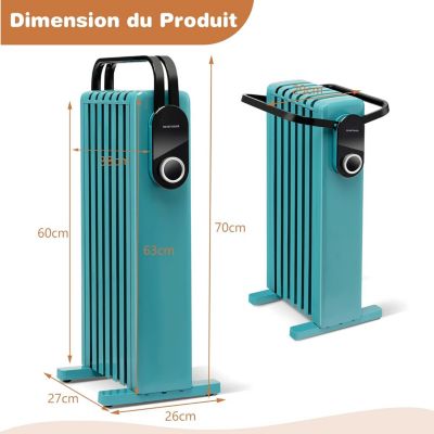 Radiateur Bain dHuile Portable Silencieux 1500W jusquà 25 m 7 éléments 4 Roues Protection contre Surchauffe et Basculement