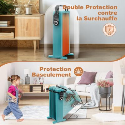 Radiateur Bain dHuile Portable Silencieux 1500W jusquà 25 m 7 éléments 4 Roues Protection contre Surchauffe et Basculement