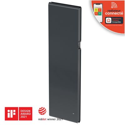 Radiateur connecté électrique à inertie fluide GoodHome Iriya anthracite 1500W vertical.