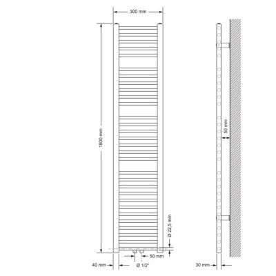 Radiateur de Salle de Bain - 300 x 1800 mm - Blanc - Droit avec Raccordement Central