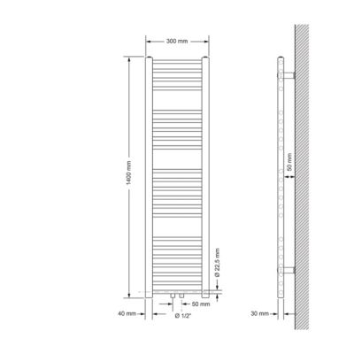 Radiateur de Salle de Bain 300x1400 mm Chrome Droite Raccord Central au Bas