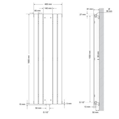 Radiateur de Salle de Bain avec Miroir, 1600x450 mm, Anthracite, Connexion Centrale au Bas
