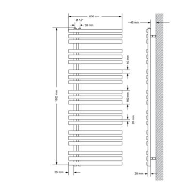 Radiateur de Salle de Bain Design Iron EM, 600 x 1600 mm, Blanc, en Acier Revêtu par Poudre