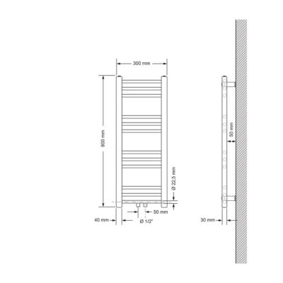 Radiateur de Salle de Bain Design Sahara, 300 x 800 mm, Chrome, Forme Droit