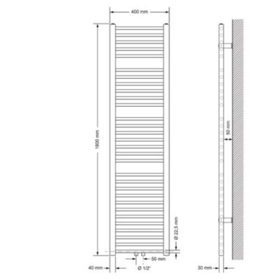 Radiateur de Salle de Bain Design Sahara, 400 x 1800 mm, Noir Mat, Forme Droit