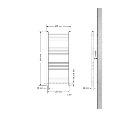 Radiateur de Salle de Bain Design Sahara, 400 x 800 mm, Noir Mat, Forme Droite