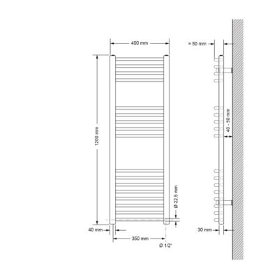 Radiateur de Salle de Bain Design Sahara, 400x1200 mm, Noir Mat, Forme Courbé