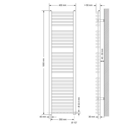 Radiateur de Salle de Bain Design Sahara, 400x1800 mm, Noir Mat, Forme Courbé