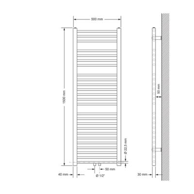 Radiateur de Salle de Bain Design Sahara, 500 x 1500 mm, Chrome, Forme Droit