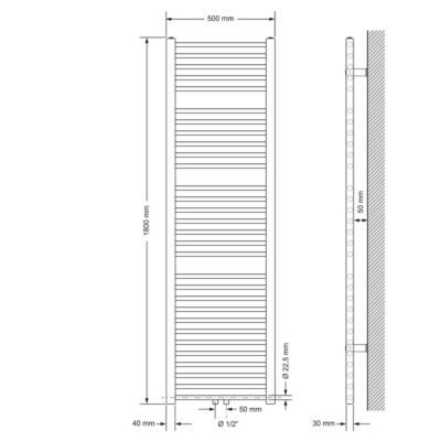 Radiateur de Salle de Bain Design Sahara, 500 x 1800 mm, Chrome, Forme Droit