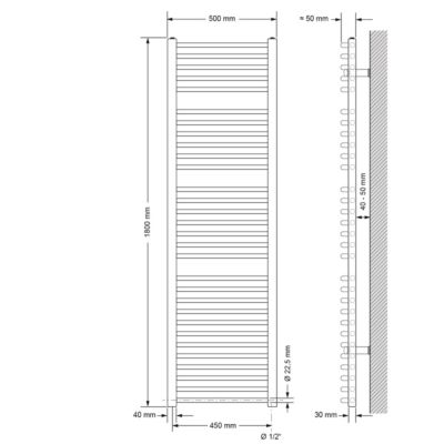 Radiateur de Salle de Bain Design Sahara, 500x1800 mm, Noir Mat, Forme Courbé