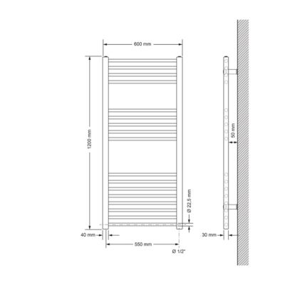 Radiateur de Salle de Bain Design Sahara, 600 x 1200 mm, Chrome, Forme Droite