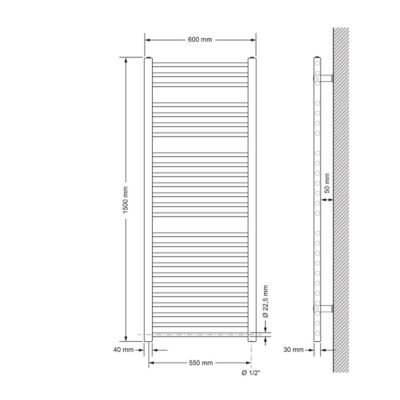 Radiateur de Salle de Bain Design Sahara, 600 x 1500 mm, Chrome, Forme Droite