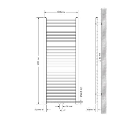 Radiateur de Salle de Bain Design Sahara, 600 x 1500 mm, Chrome, Forme Droit