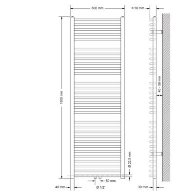 Radiateur de Salle de Bain Design Sahara, 600 x 1800 mm, Blanc, Forme Courbé