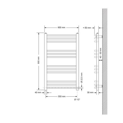 Radiateur de Salle de Bain Design Sahara, 600 x 1800 mm, Blanc, Forme Courbé