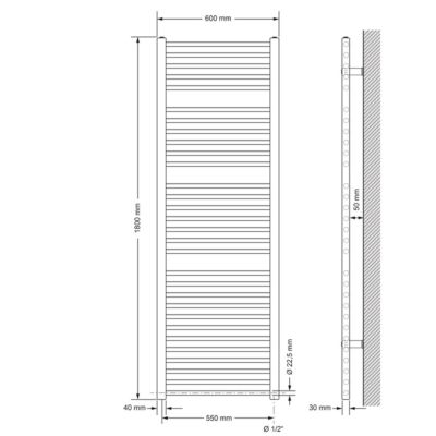 Radiateur de Salle de Bain Design Sahara, 600 x 1800 mm, Chrome, Forme Droite