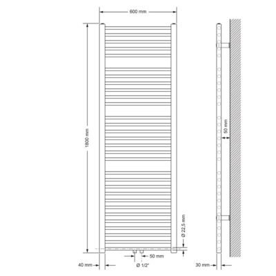 Radiateur de Salle de Bain Design Sahara, 600 x 1800 mm, Noir Mat, Forme Droit