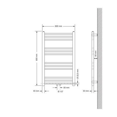 Radiateur de Salle de Bain Design Sahara, 600 x 800 mm, Noir Mat, Forme Droit