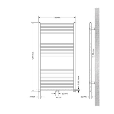 Radiateur de Salle de Bain Design Sahara, 750 x 1200 mm, Noir Mat, Forme Droit