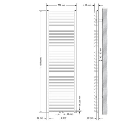 Radiateur de Salle de Bain Design Sahara, 750 x 1800 mm, Blanc, Forme Courbé