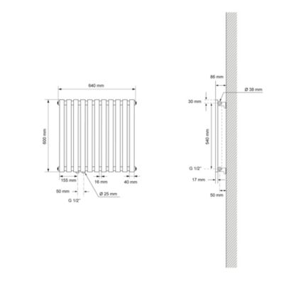 Radiateur de Salle de Bain Horizontal, 640 x 600 mm, Chrome, Raccord Central au Bas, Monocouche, Plat, Design Stella