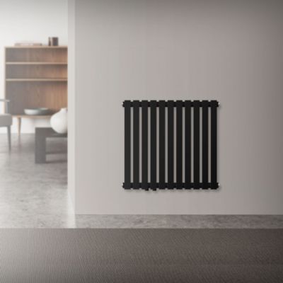 Radiateur de Salle de Bain Horizontal, 640x600 mm, Noir Mat, Connexion Centrale au Bas, Monocouche, Plat, Design Stella