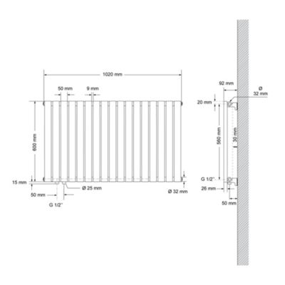Radiateur de Salle de Bain, Monocouche, 600 x 1020 mm, Blanc, Raccordement Latéral en Bas à Gauche, Tubes Ovales