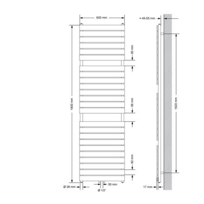 Radiateur de salle de bain Steam 600x1800 mm noir mat, raccord central 50 mm, monocouche, plat, vertical
