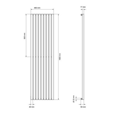 Radiateur Design Stella Vertical 480 x 1800 mm Blanc Raccord Central + Garniture de Raccordement, avec Thermostat