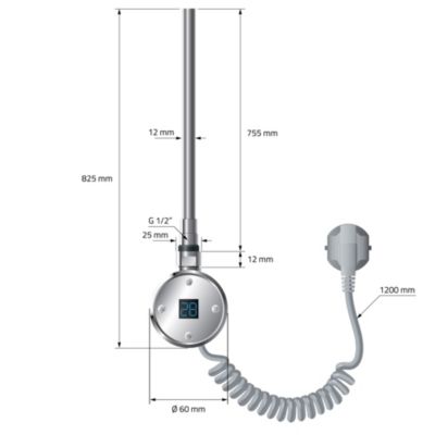 Radiateur Electrique Chrome Droite 600x1800 mm + Résistance 1200W