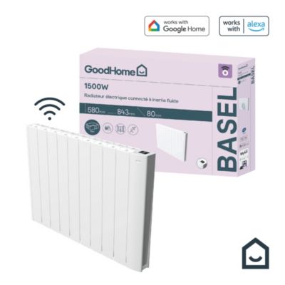 Radiateur électrique connecté 1500W à inertie fluide, GoodHome Myko Basel