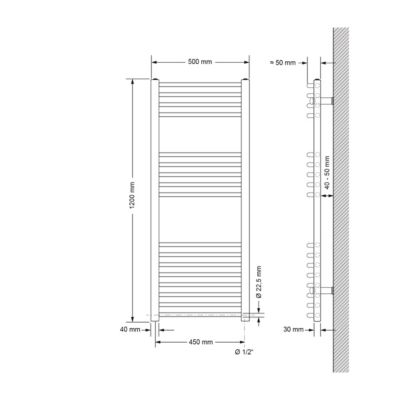 Radiateur Electrique Sahara 500x1200mm, Anthracite, Sèche-Serviettes en Panneau, Raccordement Latéral Courbé, Barre Chauffante