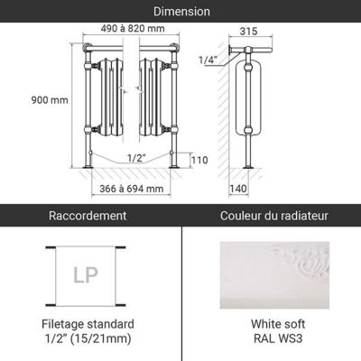 Radiateur fonte blanc sur pieds - Hauteur 900mm Longueur 650mm - 1031 watt - 5 éléments - PLA900/650WS3